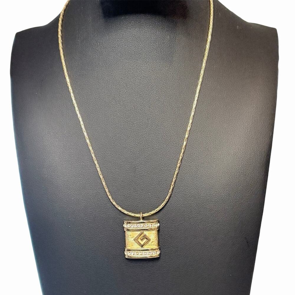Vintage Givenchy Gold Tone Pendant Necklace Crystal Rhinestone G Logo Signed 16"